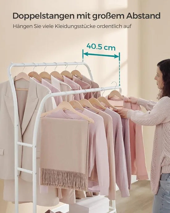 FurnStar - Kledingrek - kledingstang - 2 garderobestangen - kapstokken - garderobe van metaal - 6 haken - plank - kledingopslag voor slaapkamer - woonkamer - wit