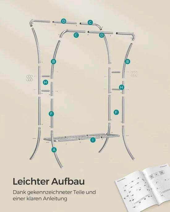 FurnStar - Kledingrek - kledingstang - 2 garderobestangen - kapstokken - garderobe van metaal - 6 haken - plank - kledingopslag voor slaapkamer - woonkamer - zilver