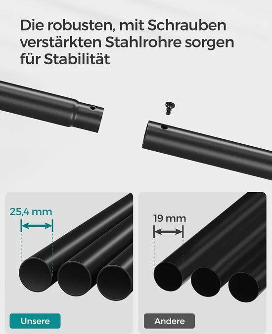FurnStar - Kledingrek - kledingstang - 2 garderobestangen - kapstokken - garderobe van metaal - 6 haken - plank - kledingopslag voor slaapkamer - woonkamer - zwart