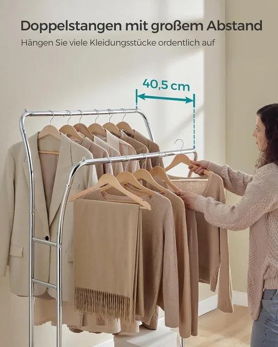 FurnStar - Kledingrek - kledingstang - 2 garderobestangen - kapstokken - garderobe van metaal - 6 haken - plank - kledingopslag voor slaapkamer - woonkamer - zilver