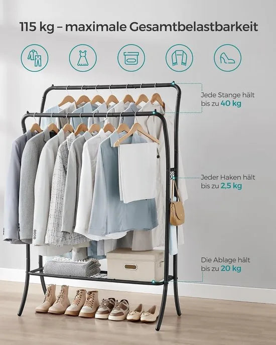 FurnStar - Kledingrek - kledingstang - 2 garderobestangen - kapstokken - garderobe van metaal - 6 haken - plank - kledingopslag voor slaapkamer - woonkamer - zwart
