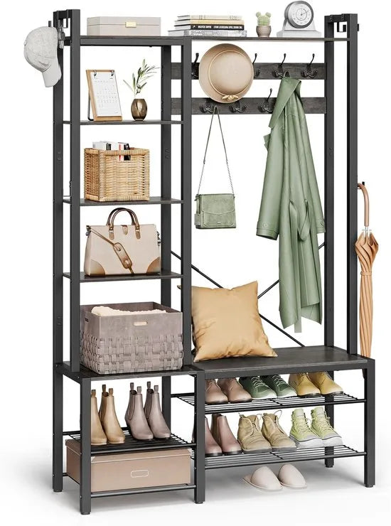 Furnstar Kledingrek met Zitbank – 5 Planken, 9 Kledinghaken & 6 Zijhaken – 40 x 120 x 190 cm – Steengrijs & Inktzwart
