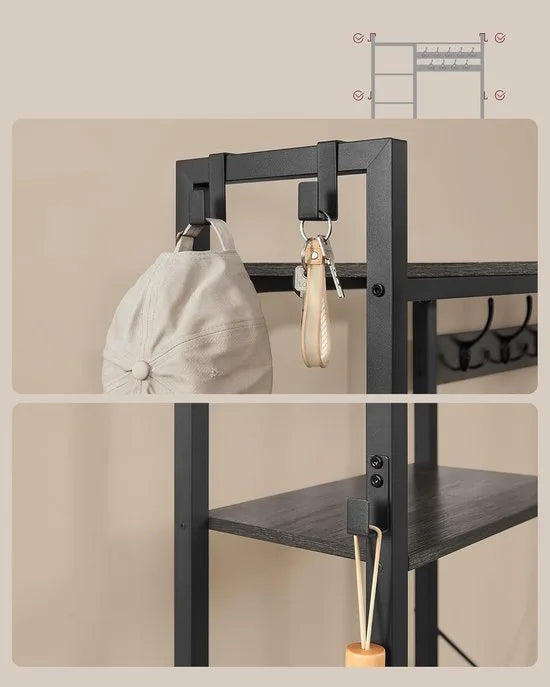 Furnstar Kledingrek met Zitbank – 5 Planken, 9 Kledinghaken & 6 Zijhaken – 40 x 120 x 190 cm – Steengrijs & Inktzwart