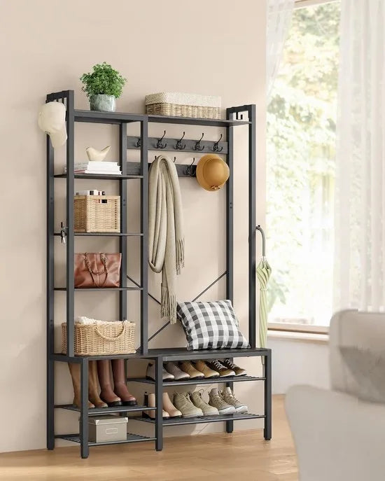 Furnstar Kledingrek met Zitbank – 5 Planken, 9 Kledinghaken & 6 Zijhaken – 40 x 120 x 190 cm – Steengrijs & Inktzwart