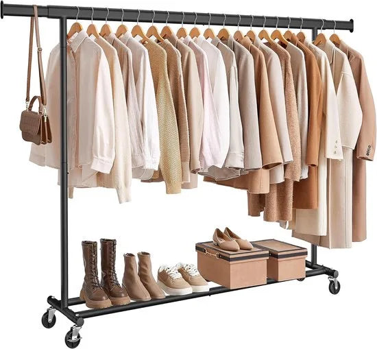 Furnstar Kledingrek op Wielen - Metaal - Verstelbaar - Garderobestand- Voor zware belasting - Uittrekbare kledingstang - Tot 150 kg belastbaar - Eenvoudige montage- Draagbaar -0,45D x 2B x 1,62H meter- Zwart