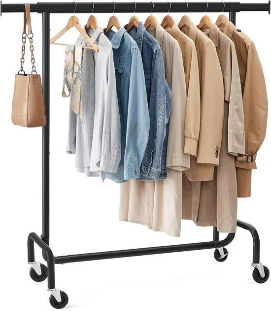 Furnstar Kledingrek op Wielen - Metaal - Verstelbaar - Garderobestand- Voor zware belasting - Uittrekbare kledingstang - Tot 130 kg belastbaar - Eenvoudige montage- Draagbaar - 45 x (110-150) x 162,9 cm, Van metaal- Verchroomd -Matzwart