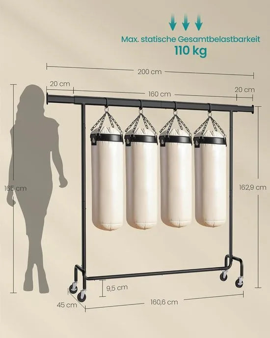 Furnstar Kledingrek op Wielen - Metaal - Verstelbaar - Garderobestand- Voor zware belasting - Uittrekbare kledingstang - Tot 110 kg belastbaar - Eenvoudige montage- Draagbaar - 45 x (160-200) x 162,9 cm - Van metaal - Zwart