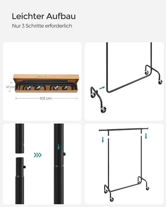 Furnstar Kledingrek op Wielen - Metaal - Verstelbaar - Garderobestand- Voor zware belasting - Uittrekbare kledingstang - Tot 130 kg belastbaar - Eenvoudige montage- Draagbaar - 45 x (110-150) x 162,9 cm, Van metaal- Verchroomd -Matzwart