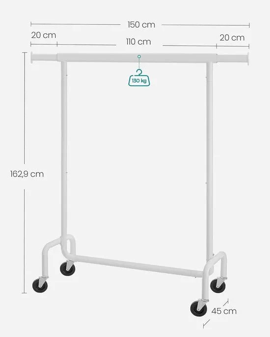 Furnstar Kledingrek op Wielen - Metaal - Verstelbaar - Garderobestand- Voor zware belasting - Uittrekbare kledingstang - Tot 130 kg belastbaar - Eenvoudige montage- Draagbaar - 45 x (110-150) x 162,9 cm, Van metaal- Verchroomd -Mat Wit