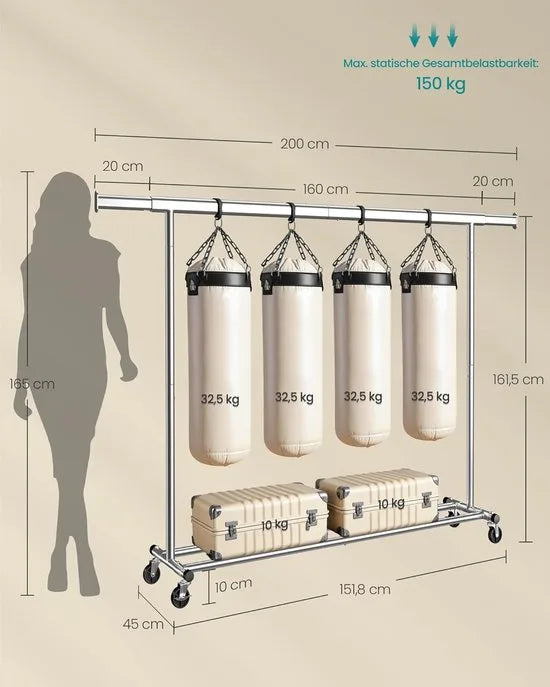 Furnstar Kledingrek op Wielen - Metaal - Verstelbaar - Garderobestand- Voor zware belasting - Uittrekbare kledingstang - Tot 150 kg belastbaar - Eenvoudige montage- Draagbaar -0,45D x 2B x 1,62H meter- Zilver