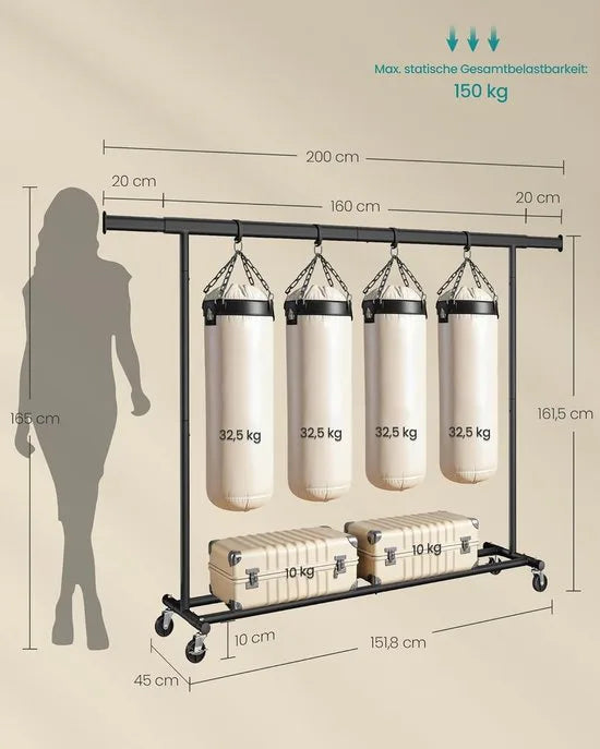 Furnstar Kledingrek op Wielen - Metaal - Verstelbaar - Garderobestand- Voor zware belasting - Uittrekbare kledingstang - Tot 150 kg belastbaar - Eenvoudige montage- Draagbaar -0,45D x 2B x 1,62H meter- Zwart