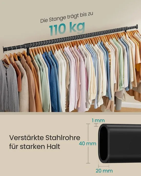 Furnstar Kledingrek op Wielen - Metaal - Verstelbaar - Garderobestand- Voor zware belasting - Uittrekbare kledingstang - Tot 110 kg belastbaar - Eenvoudige montage- Draagbaar - 45 x (160-200) x 162,9 cm - Van metaal - Zwart