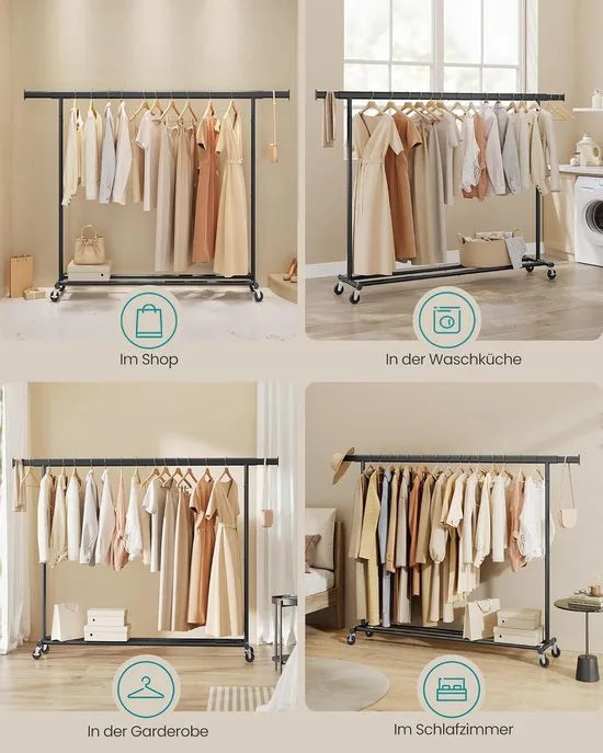 Furnstar Kledingrek op Wielen - Metaal - Verstelbaar - Garderobestand- Voor zware belasting - Uittrekbare kledingstang - Tot 150 kg belastbaar - Eenvoudige montage- Draagbaar -0,45D x 2B x 1,62H meter- Zwart