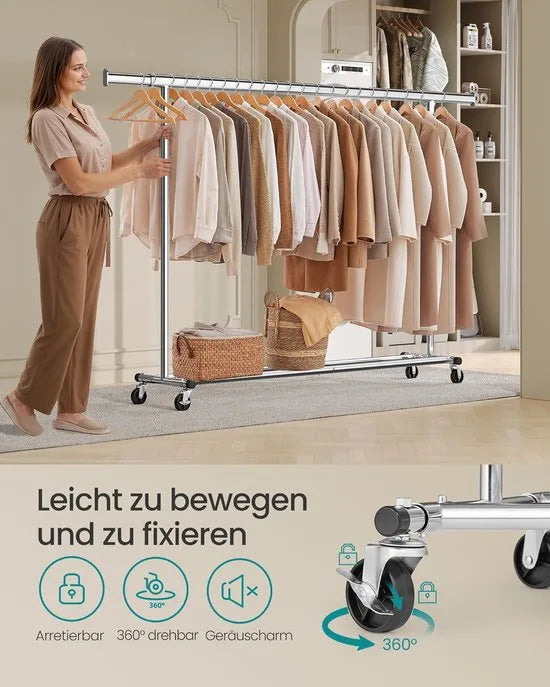 Furnstar Kledingrek op Wielen - Metaal - Verstelbaar - Garderobestand- Voor zware belasting - Uittrekbare kledingstang - Tot 150 kg belastbaar - Eenvoudige montage- Draagbaar -0,45D x 2B x 1,62H meter- Zilver