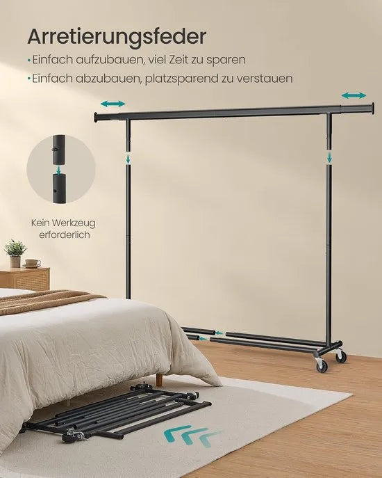 Furnstar Kledingrek op Wielen - Metaal - Verstelbaar - Garderobestand- Voor zware belasting - Uittrekbare kledingstang - Tot 150 kg belastbaar - Eenvoudige montage- Draagbaar -0,45D x 2B x 1,62H meter- Zwart
