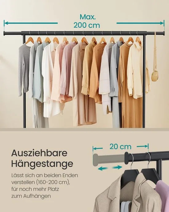 Furnstar Kledingrek op Wielen - Metaal - Verstelbaar - Garderobestand- Voor zware belasting - Uittrekbare kledingstang - Tot 110 kg belastbaar - Eenvoudige montage- Draagbaar - 45 x (160-200) x 162,9  – Zwart