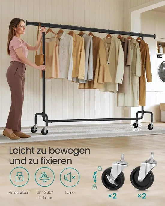 Furnstar Kledingrek op Wielen - Metaal - Verstelbaar - Garderobestand- Voor zware belasting - Uittrekbare kledingstang - Tot 110 kg belastbaar - Eenvoudige montage- Draagbaar - 45 x (160-200) x 162,9 cm - Van metaal - Zwart