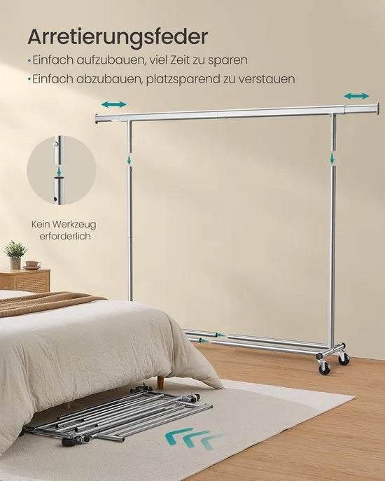 Furnstar Kledingrek op Wielen - Metaal - Verstelbaar - Garderobestand- Voor zware belasting - Uittrekbare kledingstang - Tot 150 kg belastbaar - Eenvoudige montage- Draagbaar -0,45D x 2B x 1,62H meter- Zilver
