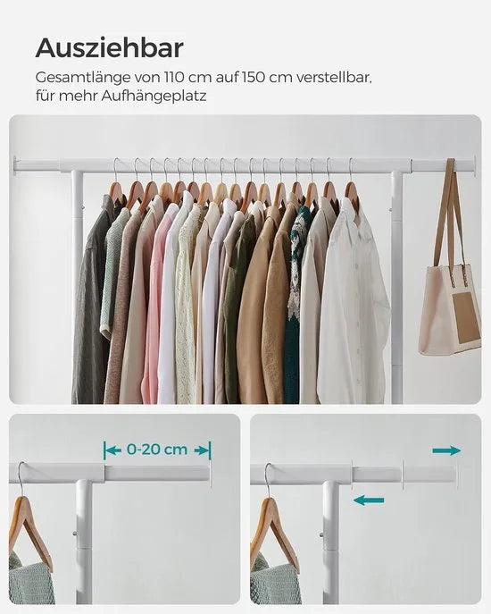 Furnstar Kledingrek op Wielen - Metaal - Verstelbaar - Garderobestand- Voor zware belasting - Uittrekbare kledingstang - Tot 130 kg belastbaar - Eenvoudige montage- Draagbaar - 45 x (110-150) x 162,9 cm, Van metaal- Verchroomd -Mat Wit