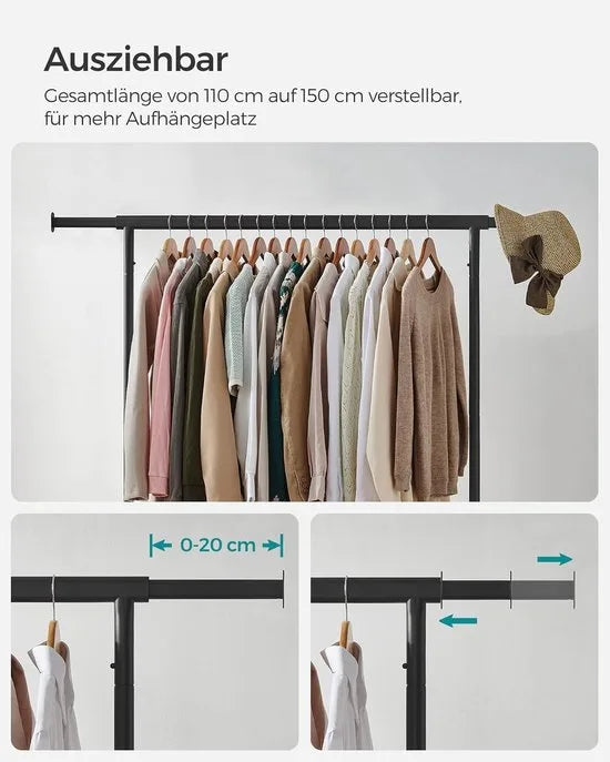 Furnstar Kledingrek op Wielen - Metaal - Verstelbaar - Garderobestand- Voor zware belasting - Uittrekbare kledingstang - Tot 130 kg belastbaar - Eenvoudige montage- Draagbaar - 45 x (110-150) x 162,9 cm, Van metaal- Verchroomd -Matzwart