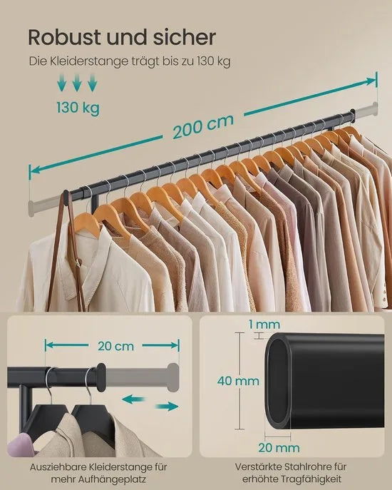 Furnstar Kledingrek op Wielen - Metaal - Verstelbaar - Garderobestand- Voor zware belasting - Uittrekbare kledingstang - Tot 150 kg belastbaar - Eenvoudige montage- Draagbaar -0,45D x 2B x 1,62H meter- Zwart