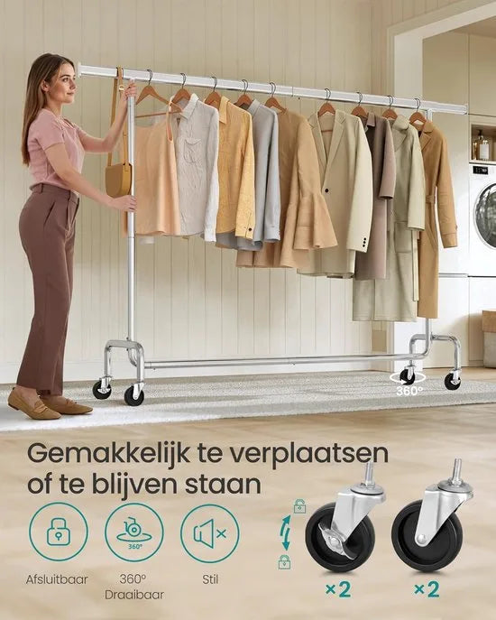 Furnstar Kledingrek op Wielen - Metaal - Verstelbaar - Garderobestand- Voor zware belasting - Uittrekbare kledingstang - Tot 110 kg belastbaar - Eenvoudige montage- Draagbaar - 45 x (160-200) x 162,9 cm - Van metaal -Verchroomd - Zilver