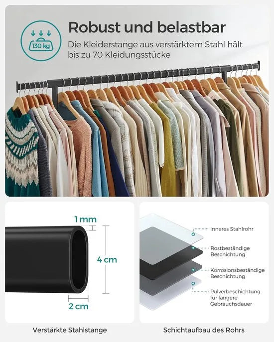Furnstar Kledingrek op Wielen - Metaal - Verstelbaar - Garderobestand- Voor zware belasting - Uittrekbare kledingstang - Tot 110 kg belastbaar - Eenvoudige montage- Draagbaar - 45 x (160-200) x 162,9 cm - Van metaal - Zwart