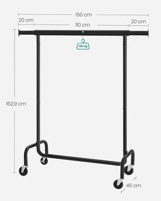 Furnstar Kledingrek op Wielen - Metaal - Verstelbaar - Garderobestand- Voor zware belasting - Uittrekbare kledingstang - Tot 130 kg belastbaar - Eenvoudige montage- Draagbaar - 45 x (110-150) x 162,9 cm, Van metaal- Verchroomd -Matzwart