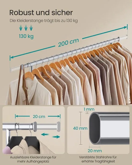 Furnstar Kledingrek op Wielen - Metaal - Verstelbaar - Garderobestand- Voor zware belasting - Uittrekbare kledingstang - Tot 150 kg belastbaar - Eenvoudige montage- Draagbaar -0,45D x 2B x 1,62H meter- Zilver