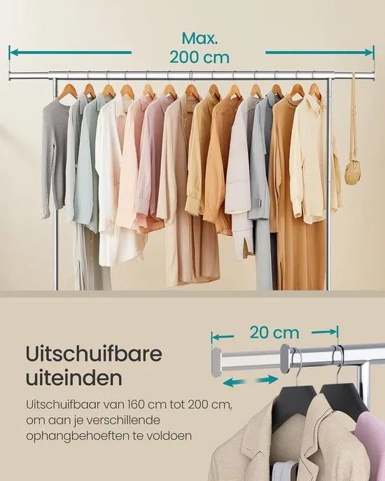 Furnstar Kledingrek op Wielen - Metaal - Verstelbaar - Garderobestand- Voor zware belasting - Uittrekbare kledingstang - Tot 110 kg belastbaar - Eenvoudige montage- Draagbaar - 45 x (160-200) x 162,9 cm - Van metaal -Verchroomd - Zilver