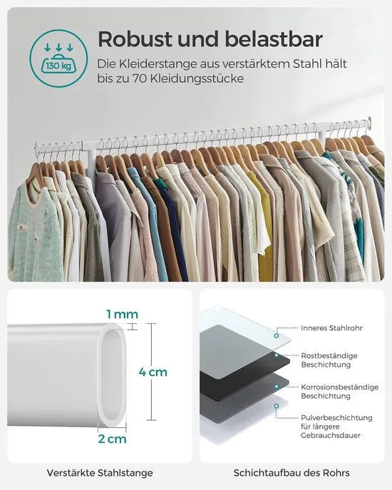 Furnstar Kledingrek op Wielen - Metaal - Verstelbaar - Garderobestand- Voor zware belasting - Uittrekbare kledingstang - Tot 130 kg belastbaar - Eenvoudige montage- Draagbaar - 45 x (110-150) x 162,9 cm, Van metaal- Verchroomd -Mat Wit