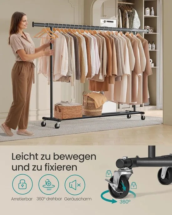 Furnstar Kledingrek op Wielen - Metaal - Verstelbaar - Garderobestand- Voor zware belasting - Uittrekbare kledingstang - Tot 150 kg belastbaar - Eenvoudige montage- Draagbaar -0,45D x 2B x 1,62H meter- Zwart