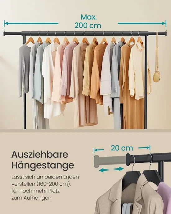 Furnstar Kledingrek op Wielen - Metaal - Verstelbaar - Garderobestand- Voor zware belasting - Uittrekbare kledingstang - Tot 110 kg belastbaar - Eenvoudige montage- Draagbaar - 45 x (160-200) x 162,9 cm - Van metaal - Zwart