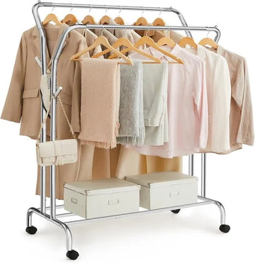 Furnstar Kledingrek op wieltjes - 2 Kledingstangen - Garderobestand - Kapstok van stalen buizen - Tot 100 kg belastbaar - 103.5 cm breed -Multifunctionele opslag - Zilver