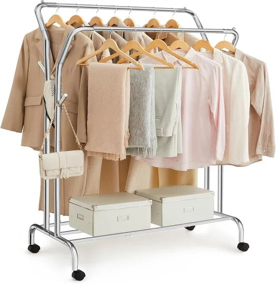 Furnstar Kledingrek op wieltjes - 2 Kledingstangen - Garderobestand - Kapstok van stalen buizen - Tot 100 kg belastbaar - 103.5 cm breed -Multifunctionele opslag - Zilver