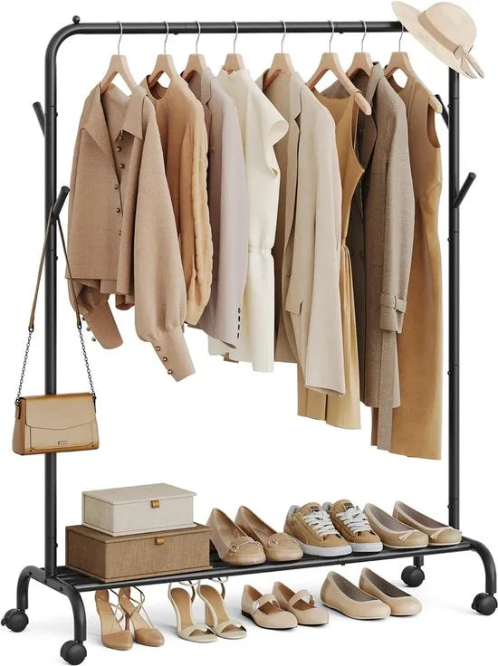 Furnstar Kledingrek op wieltjes - 2 Kledingstangen - Garderobestand - Kapstok van stalen buizen - 103.5 cm breed -Multifunctionele opslag - Inktwart