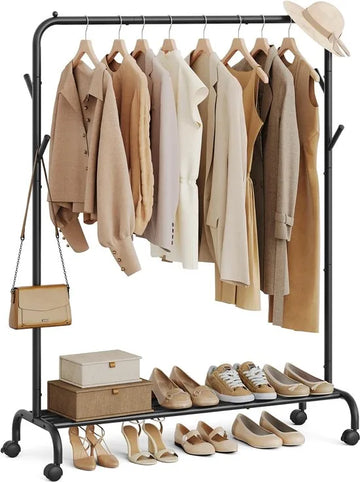Furnstar Kledingrek op wieltjes - 2 Kledingstangen - Garderobestand - Kapstok van stalen buizen - 103.5 cm breed -Multifunctionele opslag - Inktwart