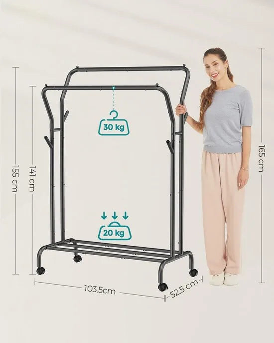 Furnstar Kledingrek op wieltjes - 2 Kledingstangen - Garderobestand - Kapstok van stalen buizen - Tot 100 kg belastbaar - 103.5 cm breed -Multifunctionele opslag - Zwart