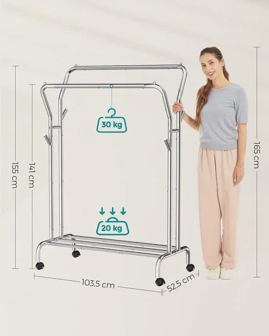 Furnstar Kledingrek op wieltjes - 2 Kledingstangen - Garderobestand - Kapstok van stalen buizen - Tot 100 kg belastbaar - 103.5 cm breed -Multifunctionele opslag - Zilver