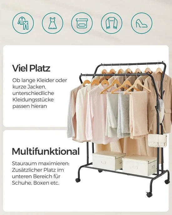 Furnstar Kledingrek op wieltjes - 2 Kledingstangen - Garderobestand - Kapstok van stalen buizen - Tot 100 kg belastbaar - 103.5 cm breed -Multifunctionele opslag - Zwart