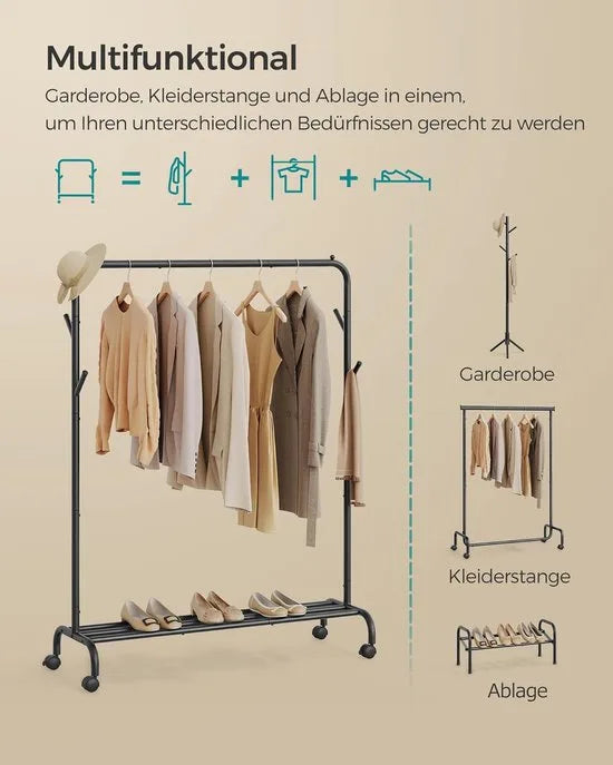 Furnstar Kledingrek op wieltjes - 2 Kledingstangen - Garderobestand - Kapstok van stalen buizen - 103.5 cm breed -Multifunctionele opslag - Inktwart