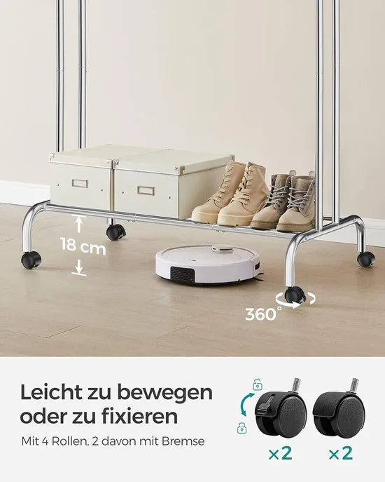 Furnstar Kledingrek op wieltjes - 2 Kledingstangen - Garderobestand - Kapstok van stalen buizen - Tot 100 kg belastbaar - 103.5 cm breed -Multifunctionele opslag - Zilver