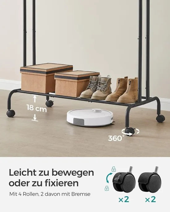 Furnstar Kledingrek op wieltjes - 2 Kledingstangen - Garderobestand - Kapstok van stalen buizen - Tot 100 kg belastbaar - 103.5 cm breed -Multifunctionele opslag - Zwart