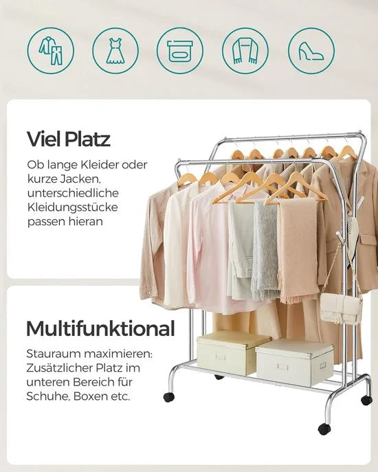 Furnstar Kledingrek op wieltjes - 2 Kledingstangen - Garderobestand - Kapstok van stalen buizen - Tot 100 kg belastbaar - 103.5 cm breed -Multifunctionele opslag - Zilver