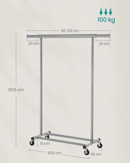 Furnstar kledingrek op wieltjes heavy duty garderobestand uittrekbare kledingstang tot 100 kg belastbaar eenvoudige montage draagbaar duifgrijs