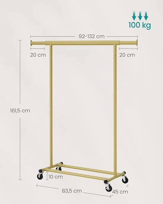 Furnstar Kledingrek op wieltjes heavy duty garderobestand uittrekbare kledingstang tot 100 kg belastbaar eenvoudige montage draagbaar lichtgoud