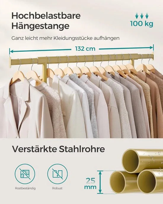 Furnstar Kledingrek op wieltjes heavy duty garderobestand uittrekbare kledingstang tot 100 kg belastbaar eenvoudige montage draagbaar lichtgoud