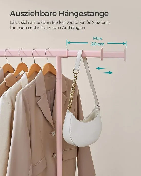Furnstar Kledingrek op wieltjes heavy duty garderobestand uittrekbare kledingstang tot 100 kg belastbaar eenvoudige montage draagbaar lichtgoud – Pastelroze