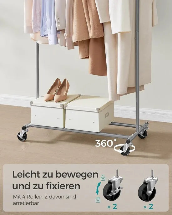 Furnstar kledingrek op wieltjes heavy duty garderobestand uittrekbare kledingstang tot 100 kg belastbaar eenvoudige montage draagbaar duifgrijs