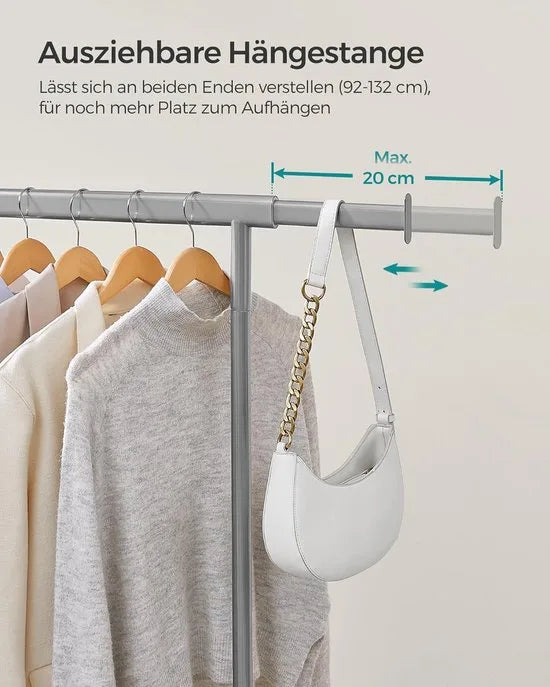 Furnstar kledingrek op wieltjes heavy duty garderobestand uittrekbare kledingstang tot 100 kg belastbaar eenvoudige montage draagbaar duifgrijs